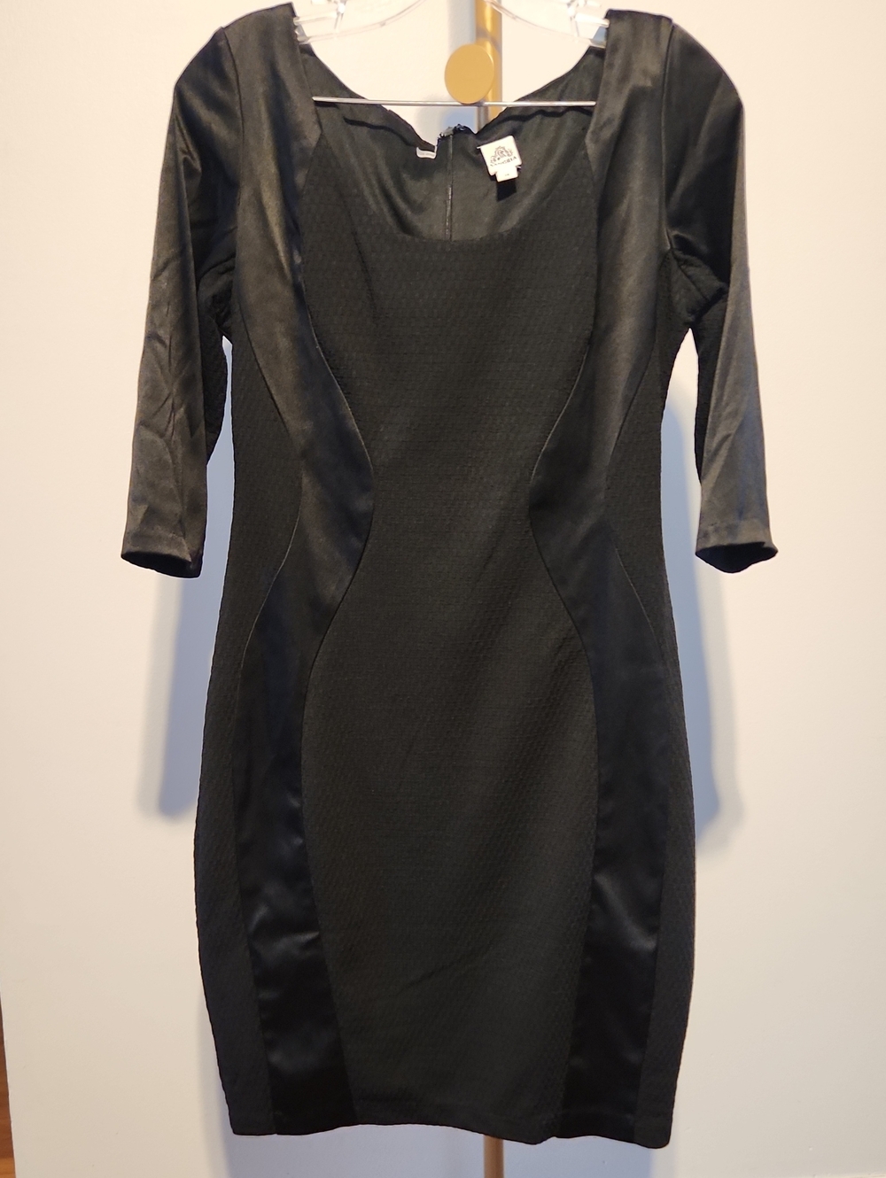 Classic Black Sheath Dress with Paneled Satin Detail